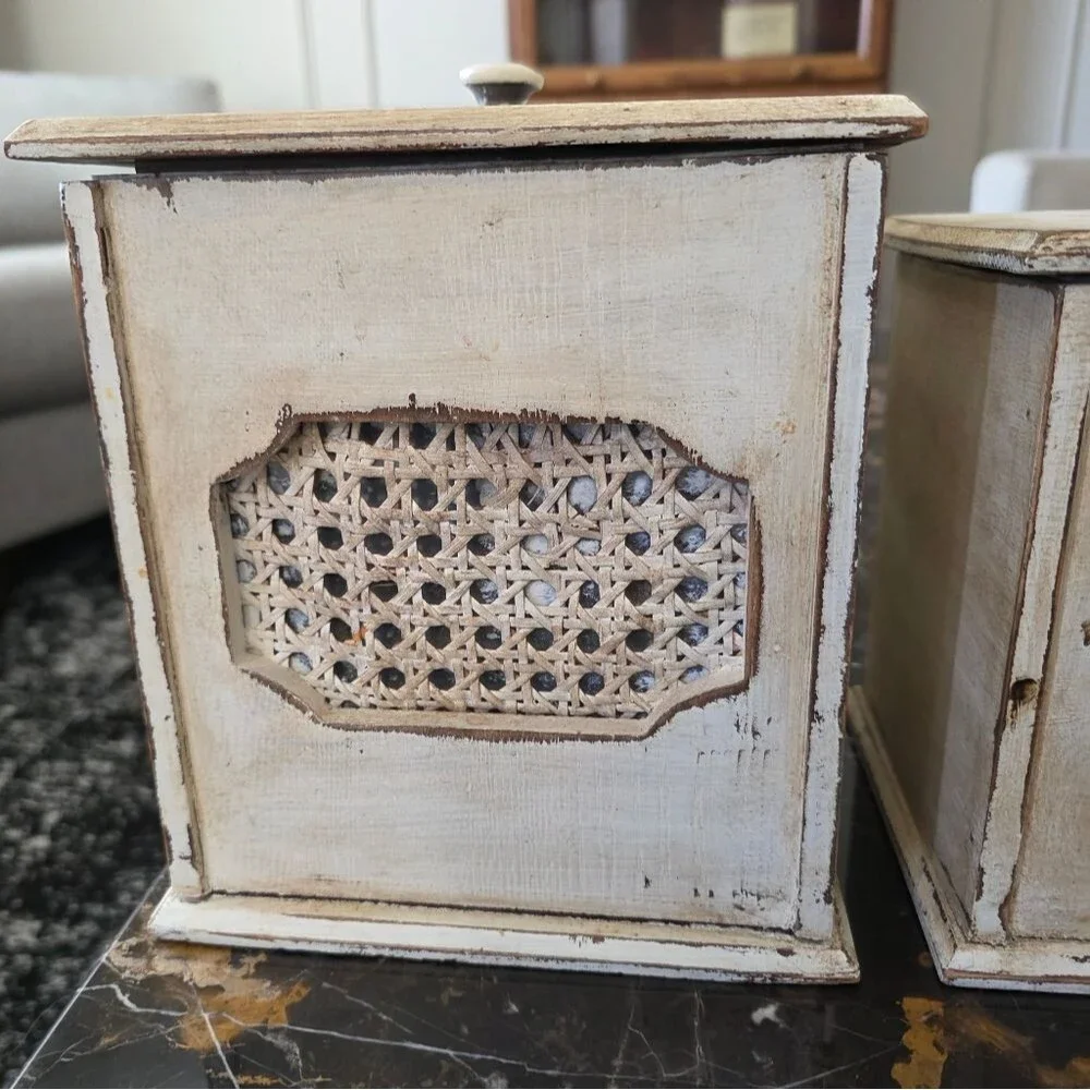 Decorative Wooden Cane Rattan Storage Canisters Set Of 3 Distressed Rustic